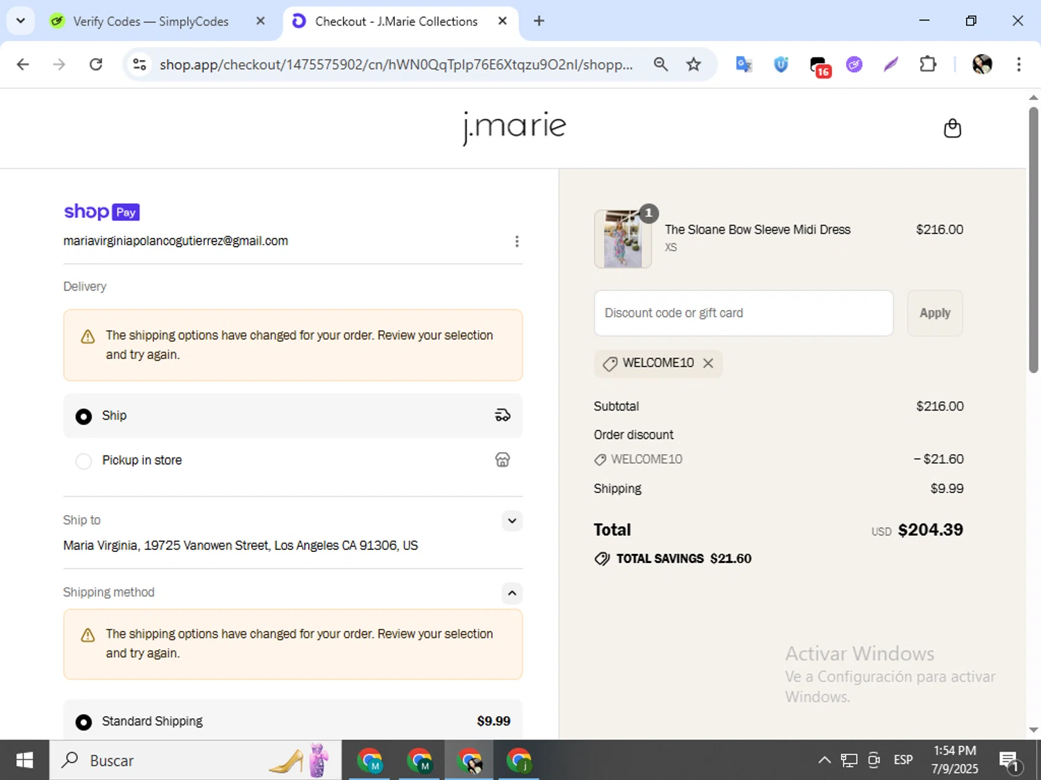 J. Marie Collections promo code screenshot showing code WELCOME10 applied at J. Marie Collections checkout page. Uploaded by SimplyCodes community member mariapolancog on Jul 9, 2025