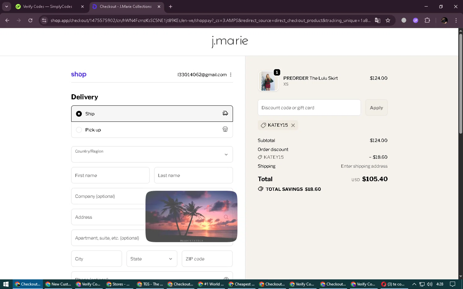 J. Marie Collections promo code screenshot showing code KATEY15 applied at J. Marie Collections checkout page. Uploaded by SimplyCodes community member LegendaryWarden2503 on Oct 18, 2025