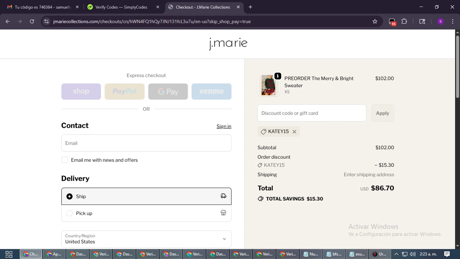 J. Marie Collections promo code screenshot showing code KATEY15 applied at J. Marie Collections checkout page. Uploaded by SimplyCodes community member ShieldWarden7838 on Oct 18, 2025
