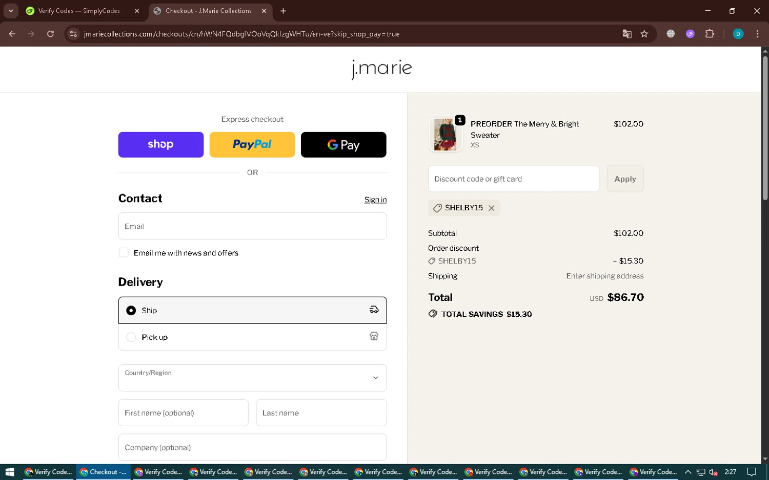 J. Marie Collections promo code screenshot showing code SHELBY15 applied at J. Marie Collections checkout page. Uploaded by SimplyCodes community member BonusPilot3825 on Oct 18, 2025