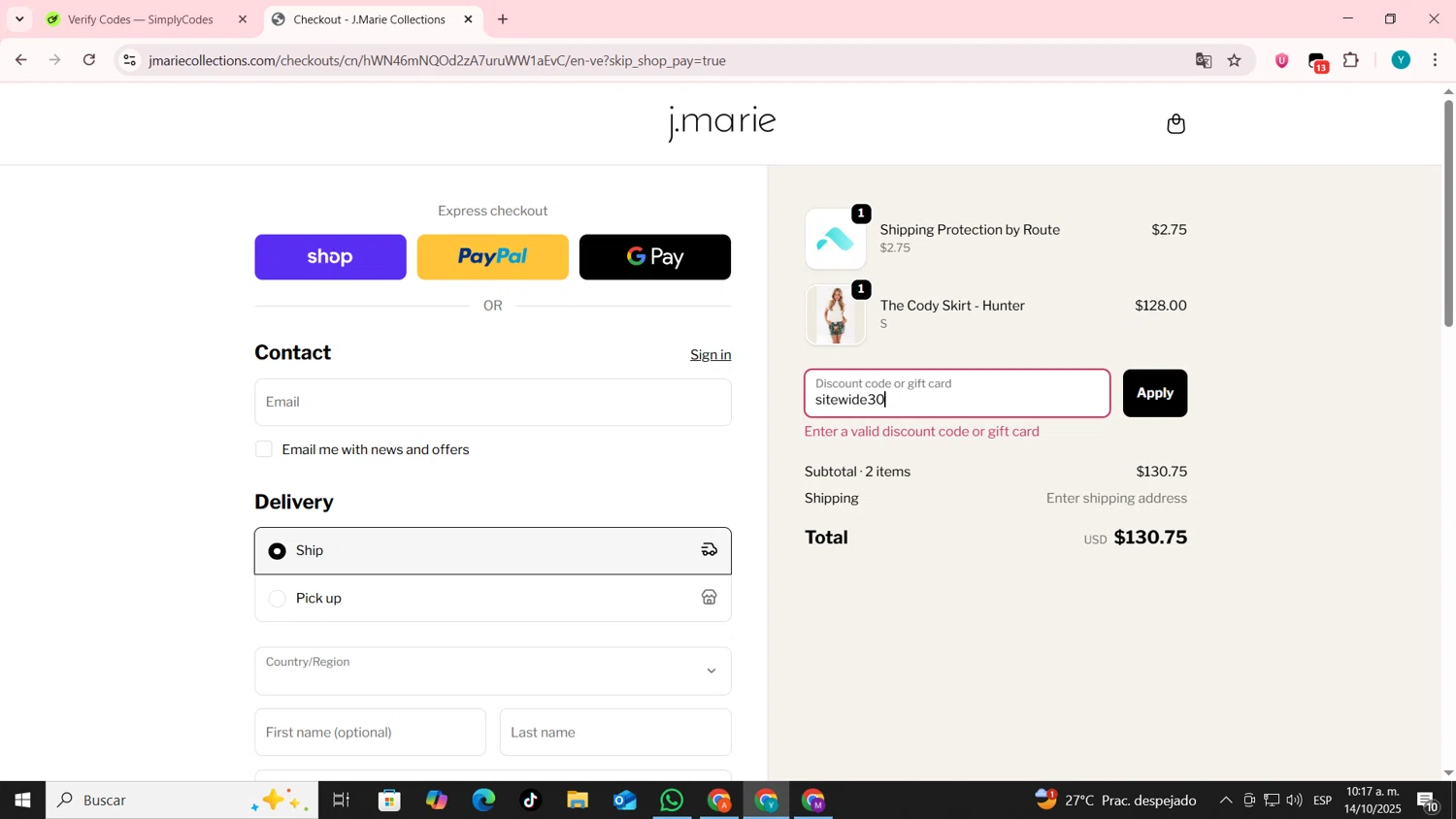 J. Marie Collections promo code screenshot showing code sitewide30 applied at J. Marie Collections checkout page. Uploaded by SimplyCodes community member codygakpo on Oct 14, 2025