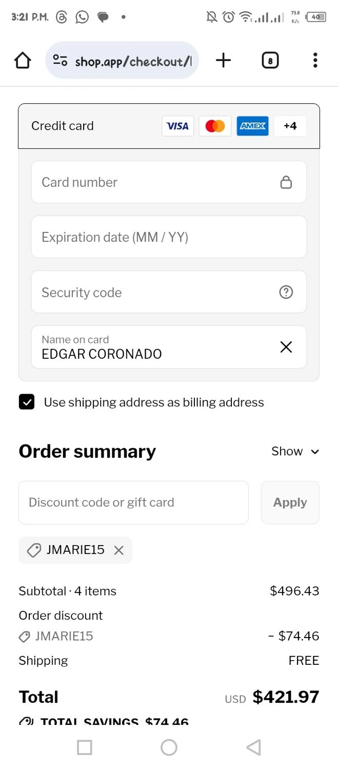 J. Marie Collections promo code screenshot showing code Jmarie15 applied at J. Marie Collections checkout page. Uploaded by SimplyCodes community member tumiedo on Oct 20, 2025