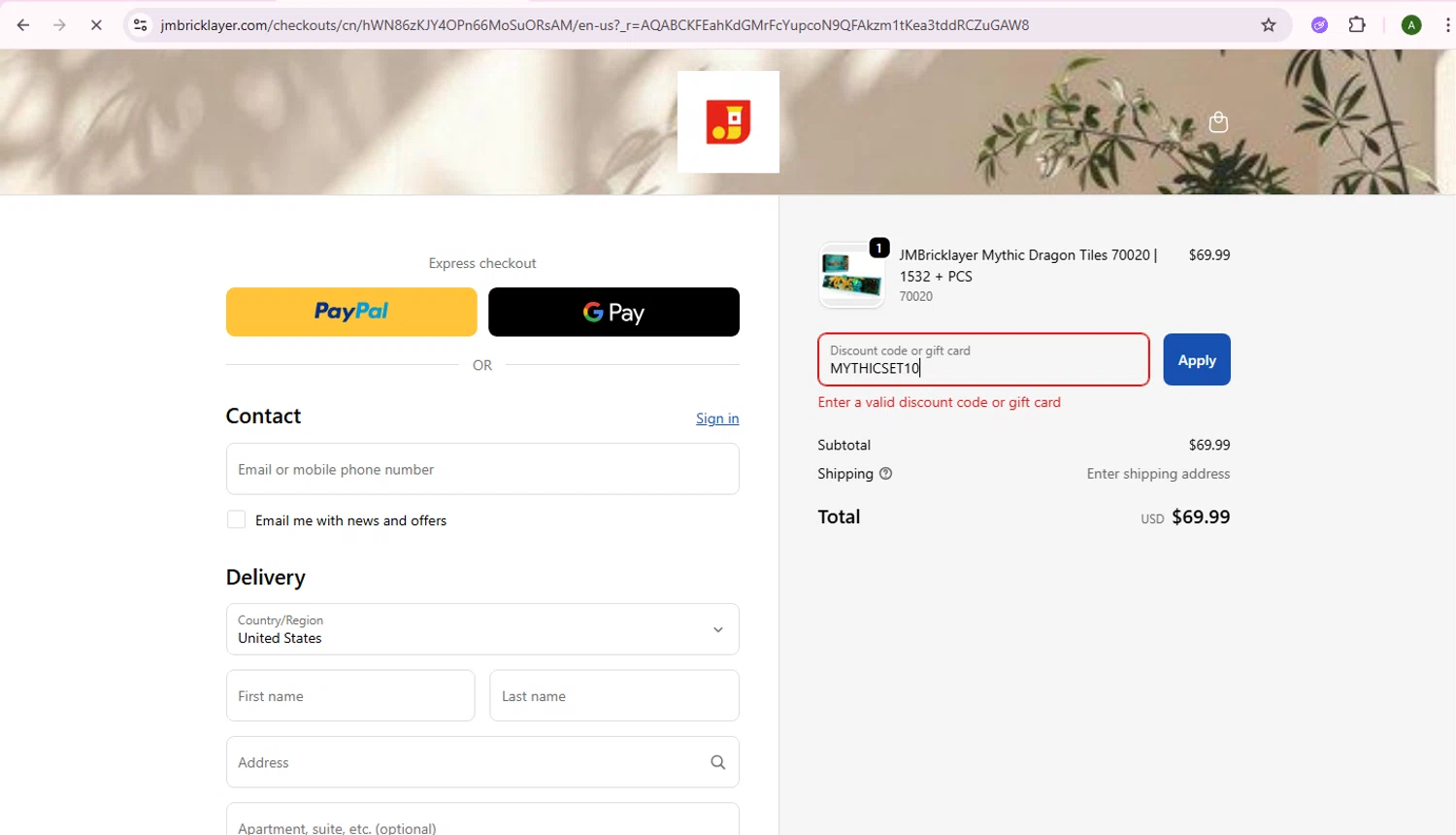 JMBricklayer promo code screenshot showing code MYTHICSET10 applied at JMBricklayer checkout page. Uploaded by SimplyCodes community member BEN007 on Jan 28, 2026