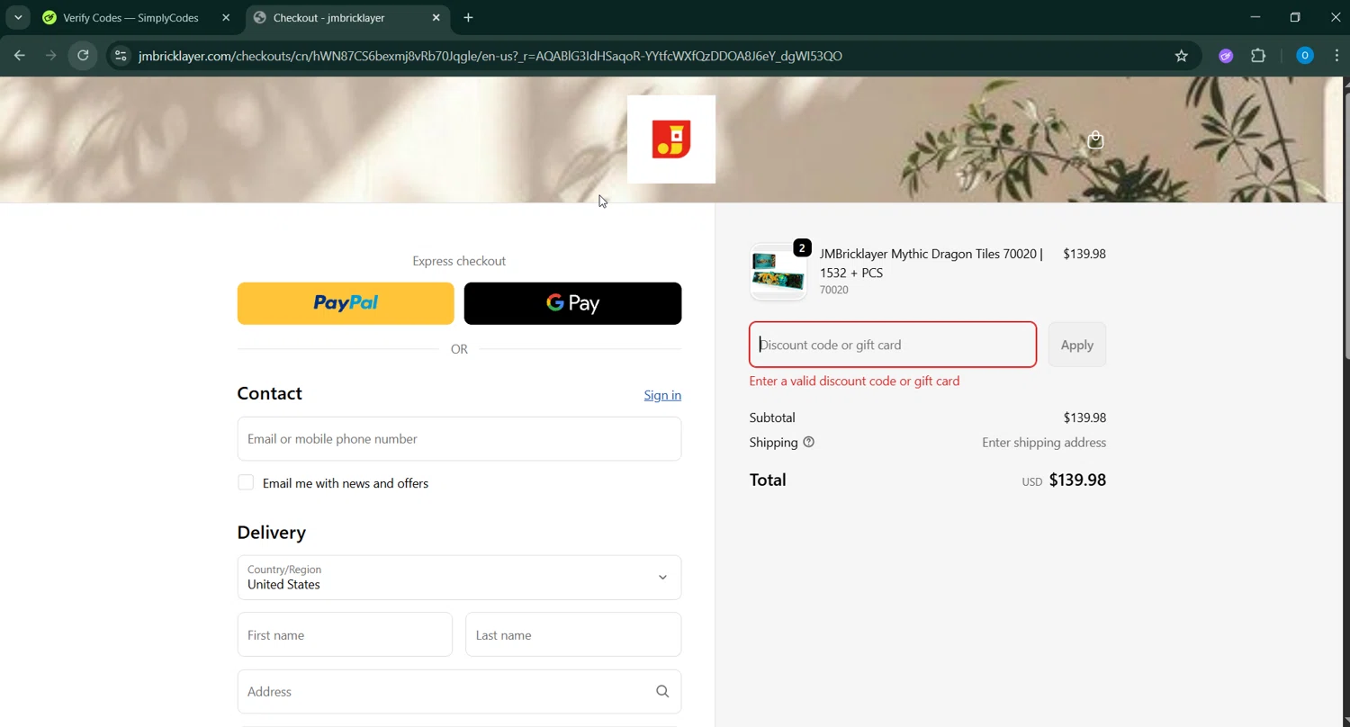 JMBricklayer promo code screenshot showing code MYTHICSET10 applied at JMBricklayer checkout page. Uploaded by SimplyCodes community member GoldChaser6627 on Jan 28, 2026