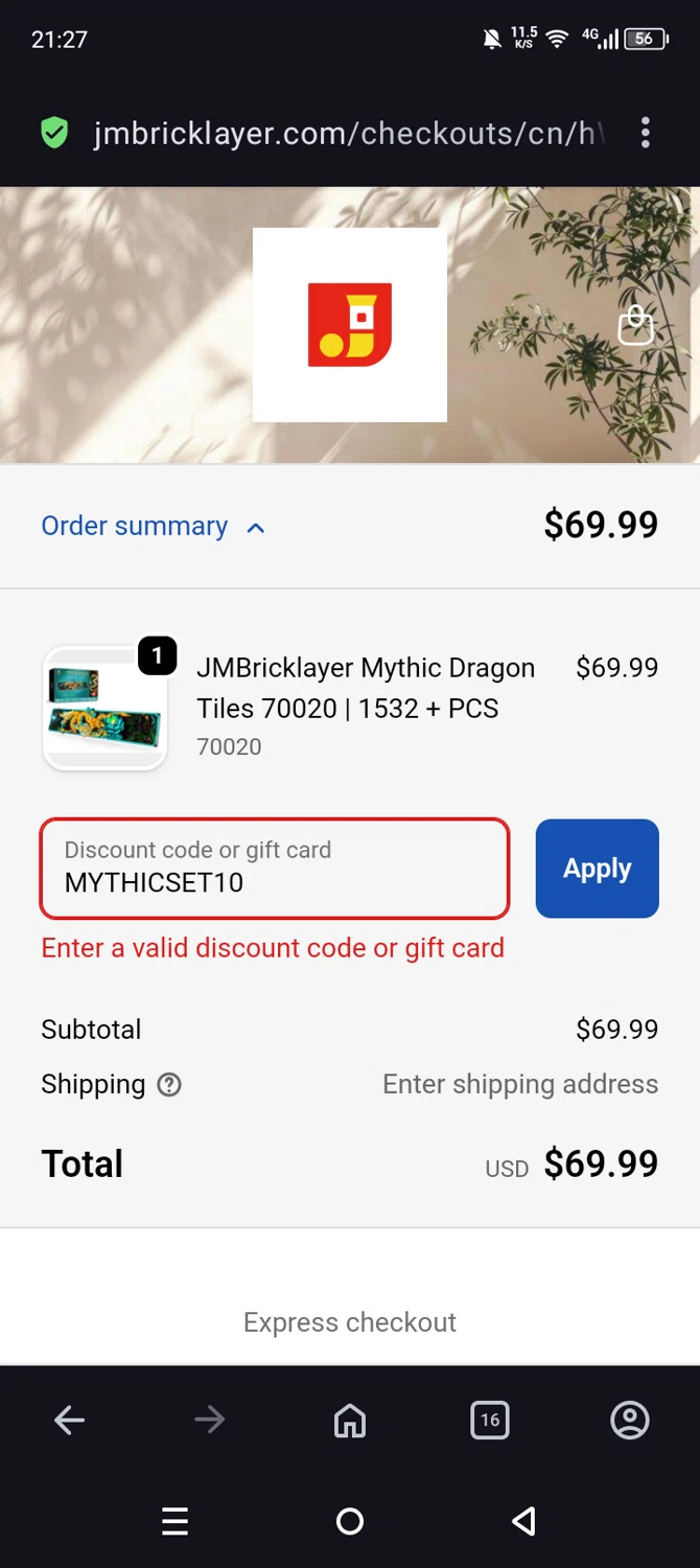 JMBricklayer promo code screenshot showing code MYTHICSET10 applied at JMBricklayer checkout page. Uploaded by SimplyCodes community member Olivatle37 on Jan 28, 2026