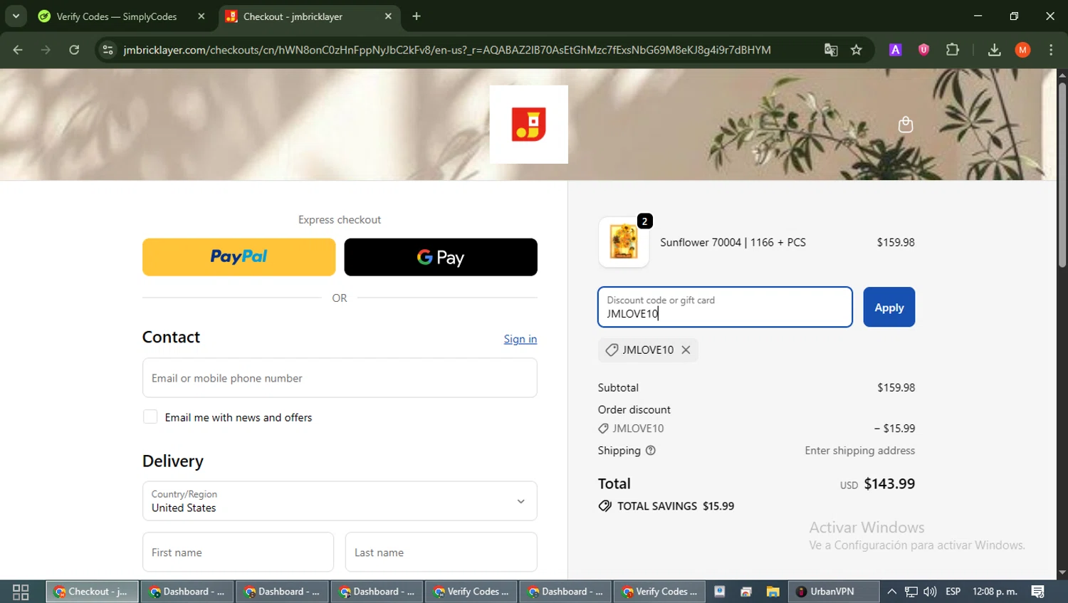 JMBricklayer checkout page showing JMBricklayer promo code box | Screenshot taken by SimplyCodes community member on Feb 15, 2026