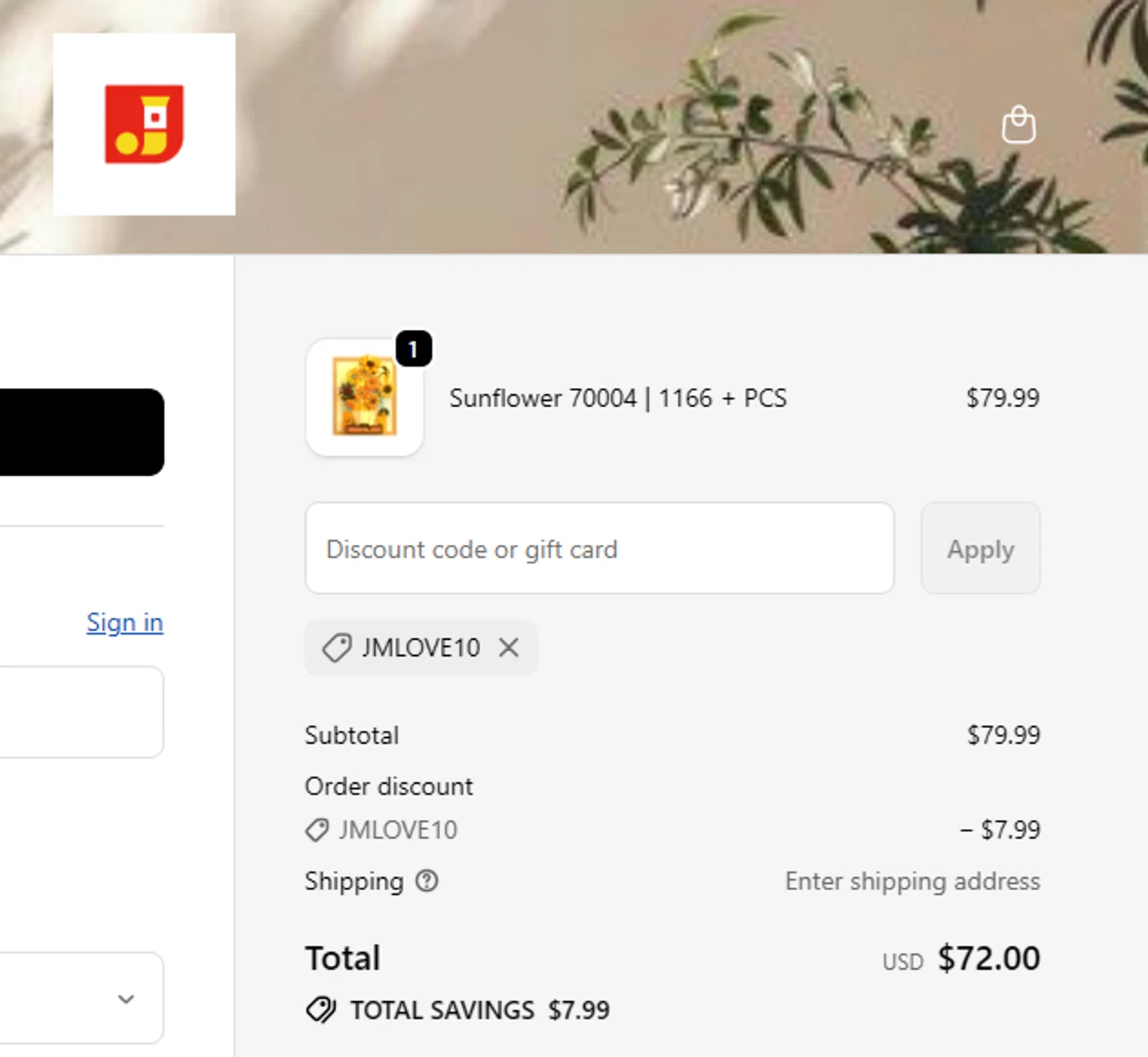 JMBricklayer promo code screenshot showing code JMLOVE10 applied at JMBricklayer checkout page. Uploaded by SimplyCodes community member SilverMakeup on Feb 15, 2026