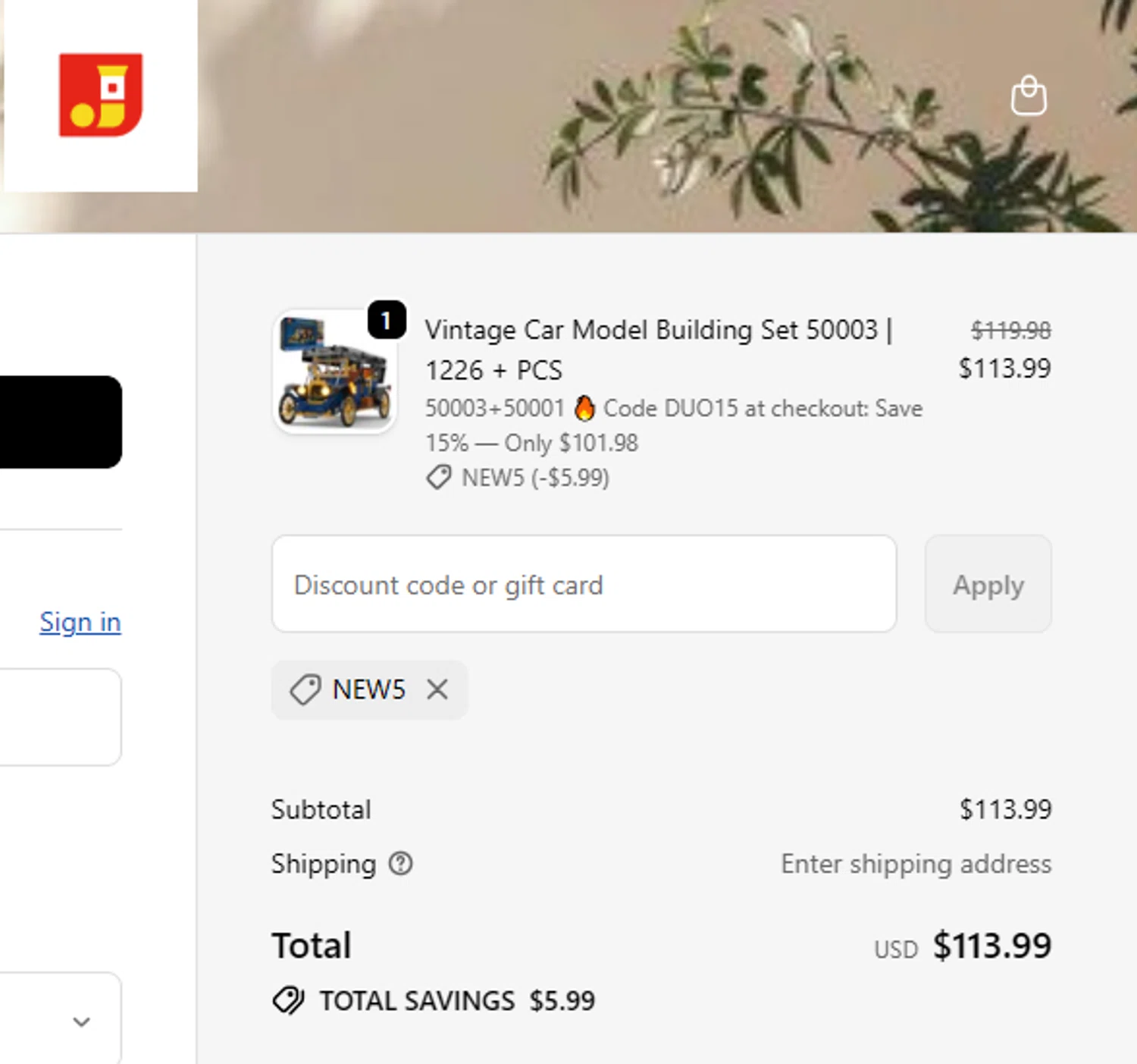 JMBricklayer promo code screenshot showing code NEW5 applied at JMBricklayer checkout page. Uploaded by SimplyCodes community member SilverMakeup on Jun 6, 2026
