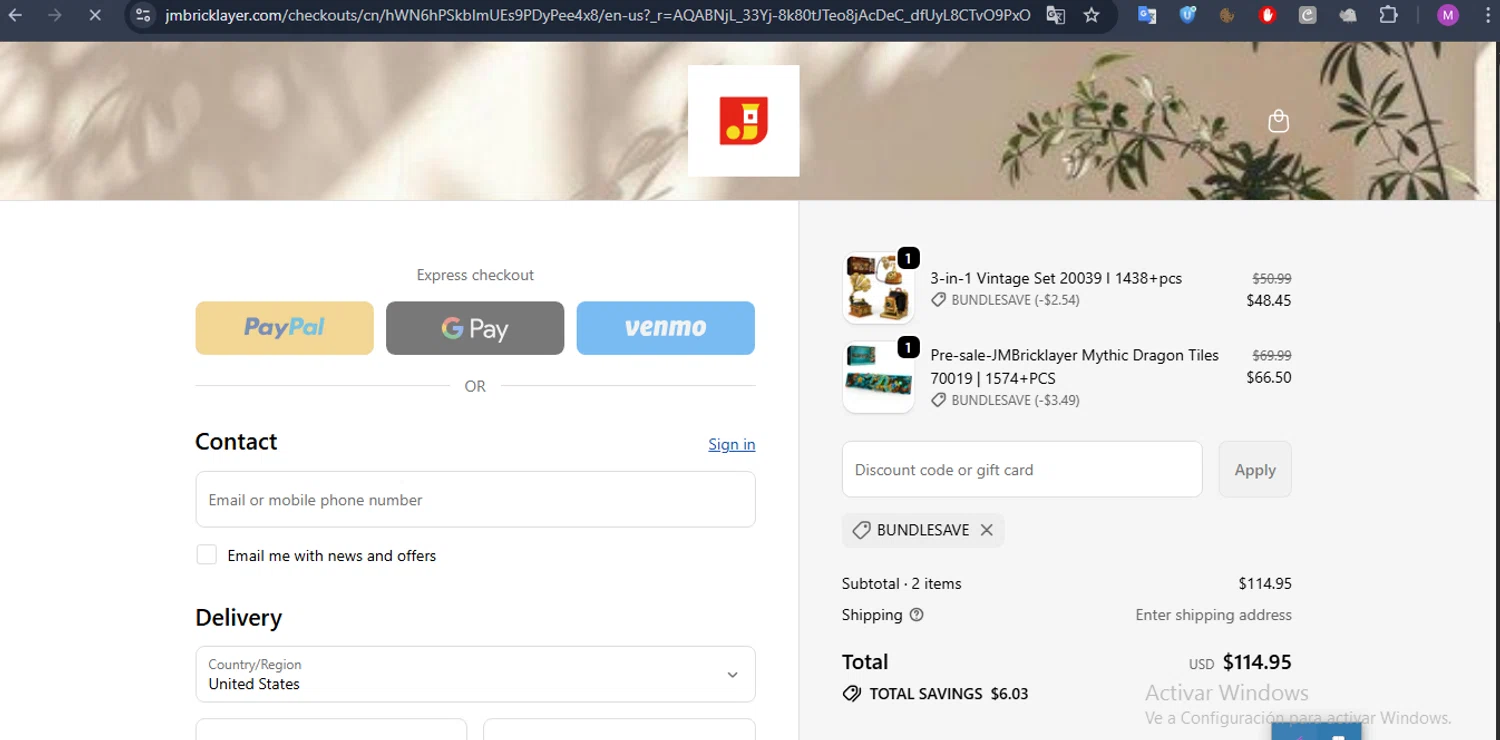 JMBricklayer promo code screenshot showing code BUNDLESAVE applied at JMBricklayer checkout page. Uploaded by SimplyCodes community member WonderHawk4272 on Dec 21, 2025