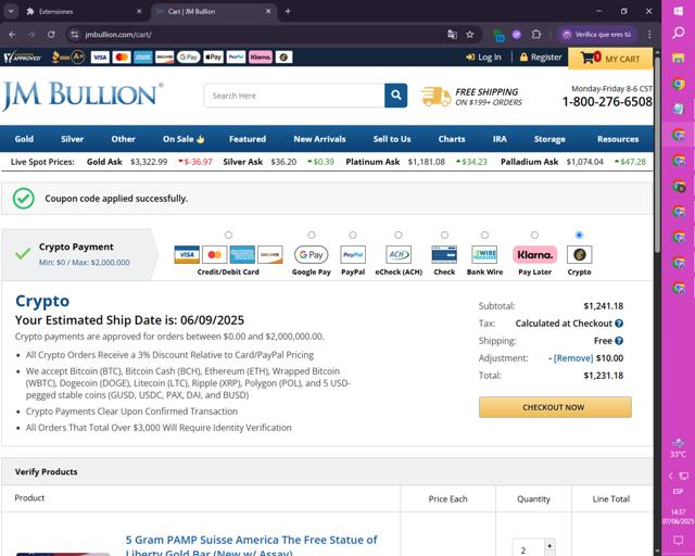 JM Bullion checkout page showing JM Bullion promo code box | Screenshot taken by SimplyCodes community member on Jun 7, 2025