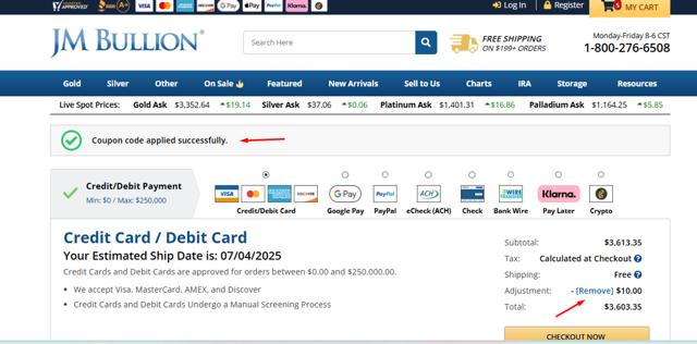 JM Bullion checkout page showing JM Bullion promo code box | Screenshot taken by SimplyCodes community member on Jul 4, 2025