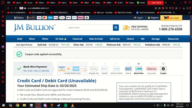 JM Bullion checkout page showing JM Bullion promo code box | Screenshot taken by SimplyCodes community member on Mar 26, 2025