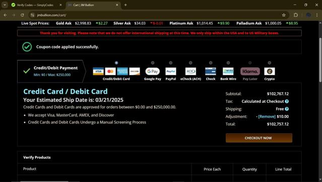 JM Bullion checkout page showing JM Bullion promo code box | Screenshot taken by SimplyCodes community member on Mar 15, 2025