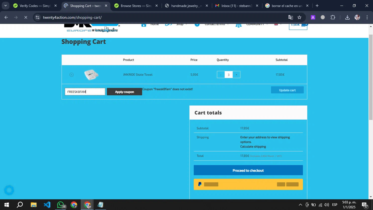 Jmkride discount code screenshot showing code FREESK8FAM applied at Jmkride checkout page. Uploaded by SimplyCodes community member Pansito on Jan 1, 2025