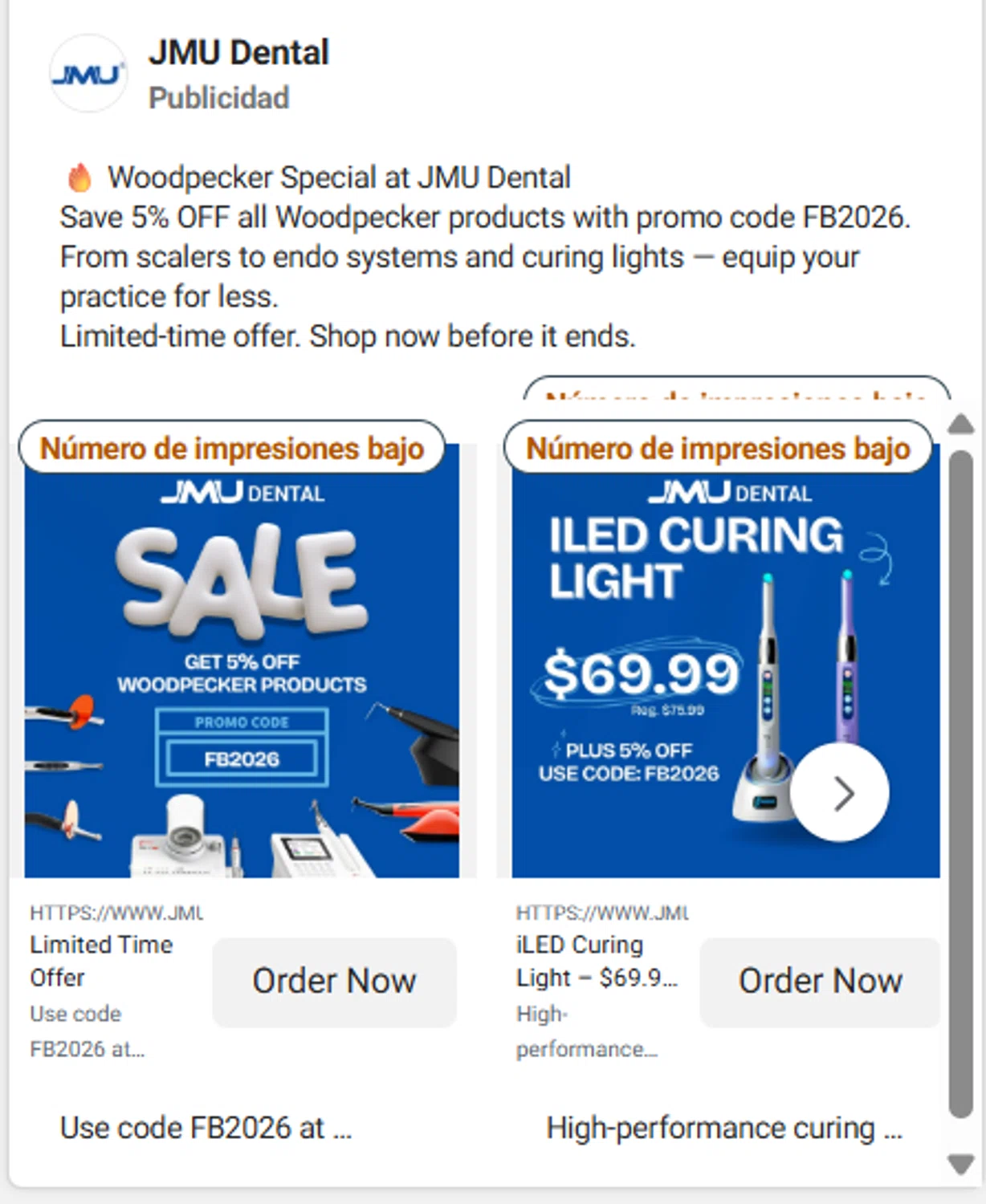 JMU Dental promo code screenshot showing code FB2026 applied at JMU Dental checkout page. Uploaded by SimplyCodes community member heartoflemon on Feb 19, 2026