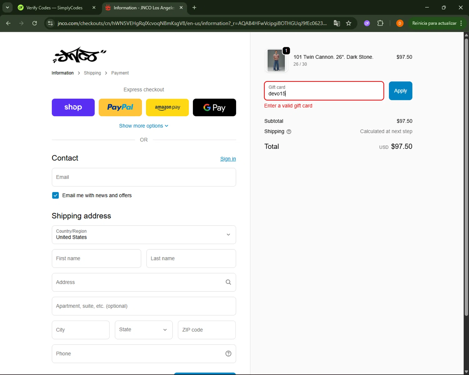 JNCO discount code screenshot showing code devo15 applied at JNCO checkout page. Uploaded by SimplyCodes community member FrugalFalcon351 on Nov 20, 2025
