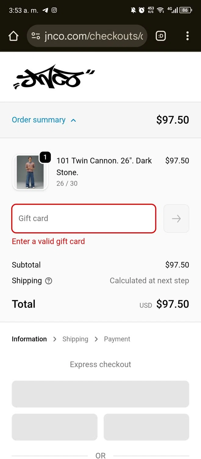 JNCO discount code screenshot showing code devo15 applied at JNCO checkout page. Uploaded by SimplyCodes community member Kaizen on Nov 20, 2025