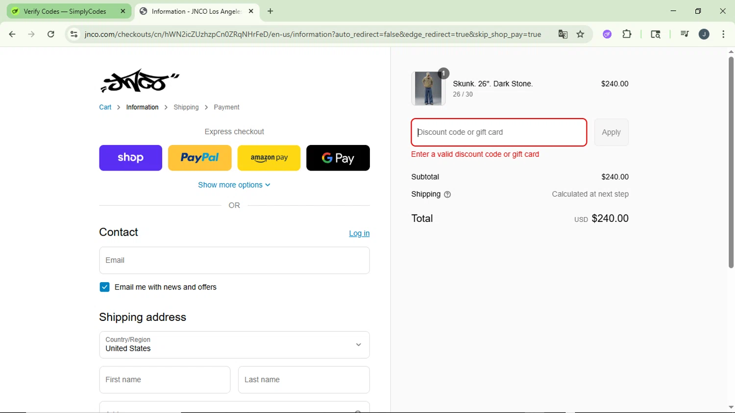 JNCO discount code screenshot showing code LD25 applied at JNCO checkout page. Uploaded by SimplyCodes community member GloriousCollector9930 on Sep 7, 2025