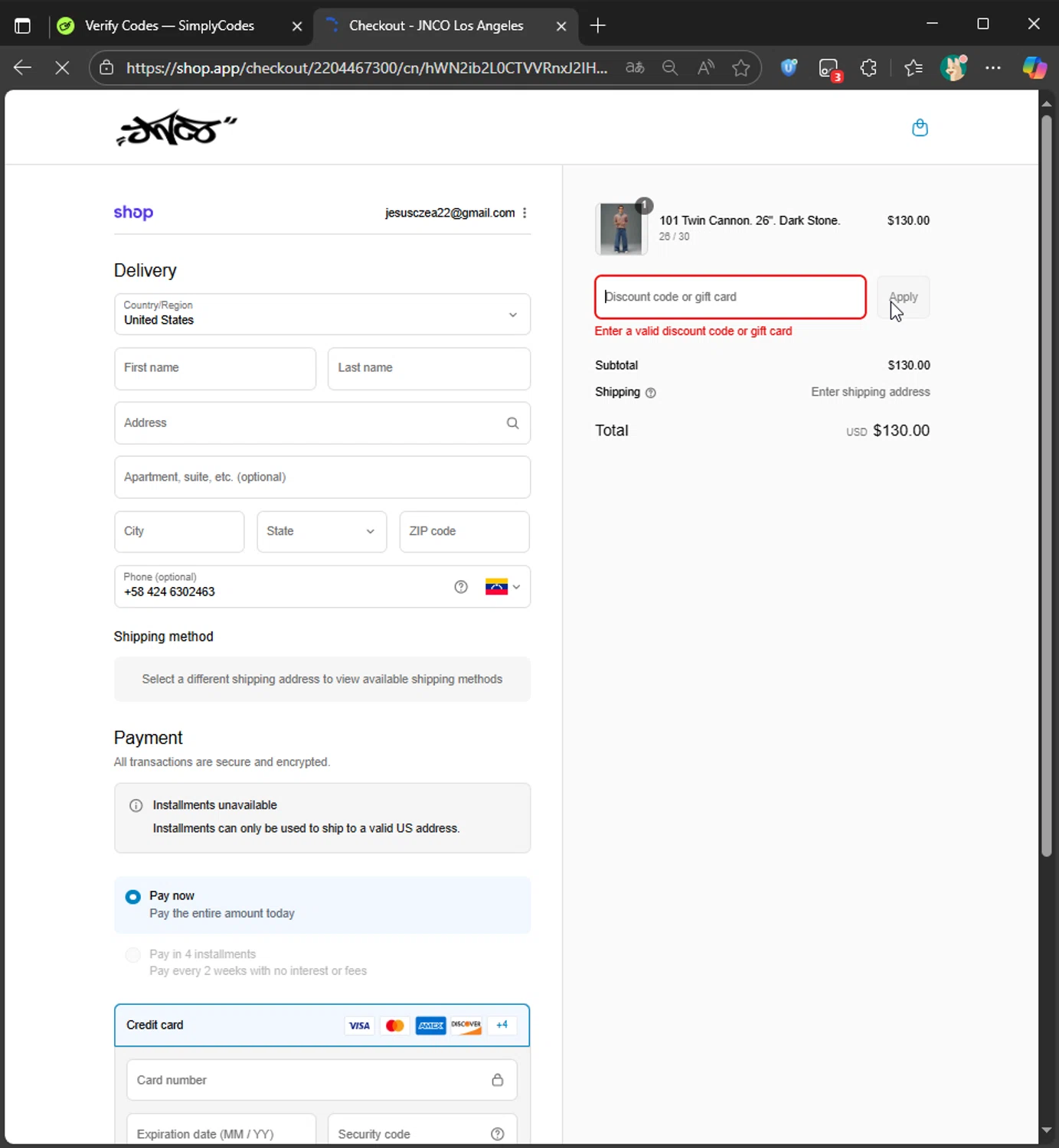JNCO discount code screenshot showing code LD25 applied at JNCO checkout page. Uploaded by SimplyCodes community member murraytopsom on Sep 7, 2025