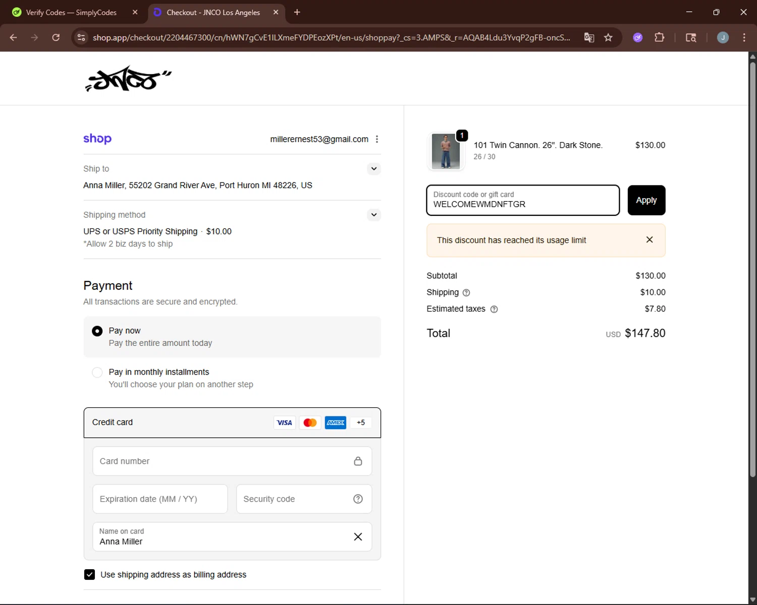 JNCO discount code screenshot showing code WELCOMEWMDNFTGR applied at JNCO checkout page. Uploaded by SimplyCodes community member BonusGuardian249 on Jan 16, 2026