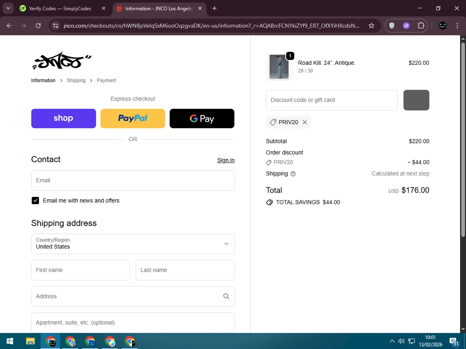 JNCO checkout page showing JNCO discount code box | Screenshot taken by SimplyCodes community member on Feb 13, 2026