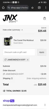 JAMESMENZA10OFF coupon verification screenshot