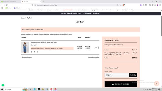 Joanie Clothing checkout page showing Joanie Clothing promo code box | Screenshot taken by SimplyCodes community member on Jul 25, 2025