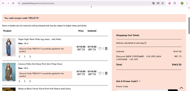 Joanie Clothing checkout page showing Joanie Clothing promo code box | Screenshot taken by SimplyCodes community member on Aug 5, 2025