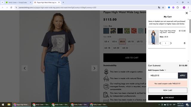 Joanie Clothing checkout page showing Joanie Clothing promo code box | Screenshot taken by SimplyCodes community member on Aug 16, 2025