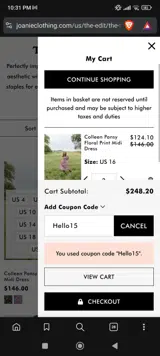 Hello15 coupon verification screenshot