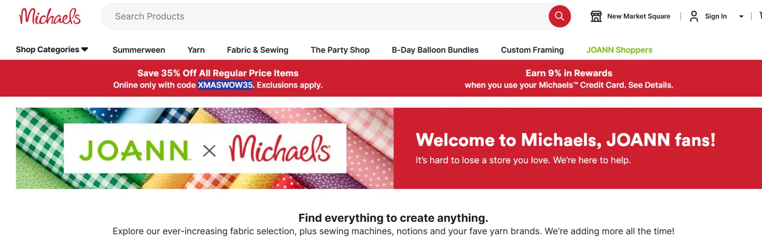 Joann Fabric coupon code screenshot showing code XMASWOW35 applied at Joann Fabric checkout page. Uploaded by SimplyCodes community member ______ on Jul 23, 2025