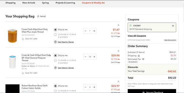 Joann Fabric checkout page showing Joann Fabric coupon code box | Screenshot taken by SimplyCodes community member on Feb 23, 2025