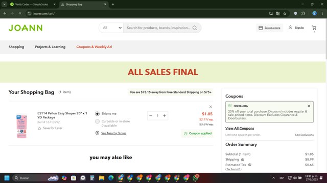 Joann Fabric checkout page showing Joann Fabric coupon code box | Screenshot taken by SimplyCodes community member on Feb 28, 2025