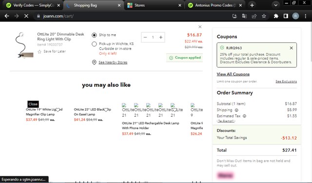 Joann Fabric checkout page showing Joann Fabric coupon code box | Screenshot taken by SimplyCodes community member on Feb 21, 2025