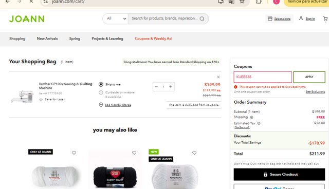 Joann Fabric checkout page showing Joann Fabric coupon code box | Screenshot taken by SimplyCodes community member on Feb 21, 2025