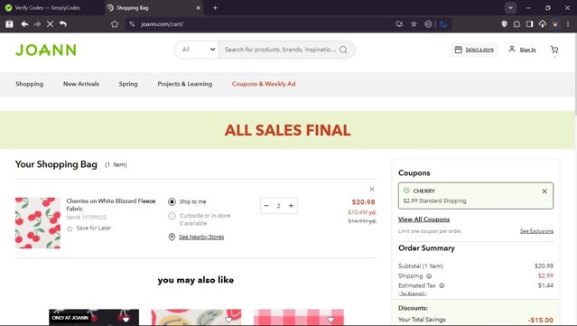 Joann Fabric checkout page showing Joann Fabric coupon code box | Screenshot taken by SimplyCodes community member on Feb 25, 2025