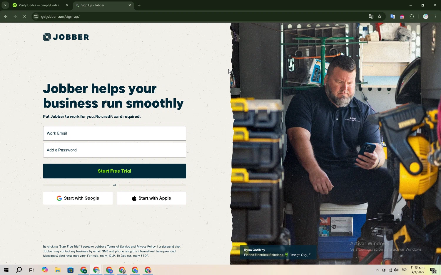 Jobber promo code screenshot showing code CORRYMYERS278 applied at Jobber checkout page. Uploaded by SimplyCodes community member FINN_SHELBY on Jan 4, 2025