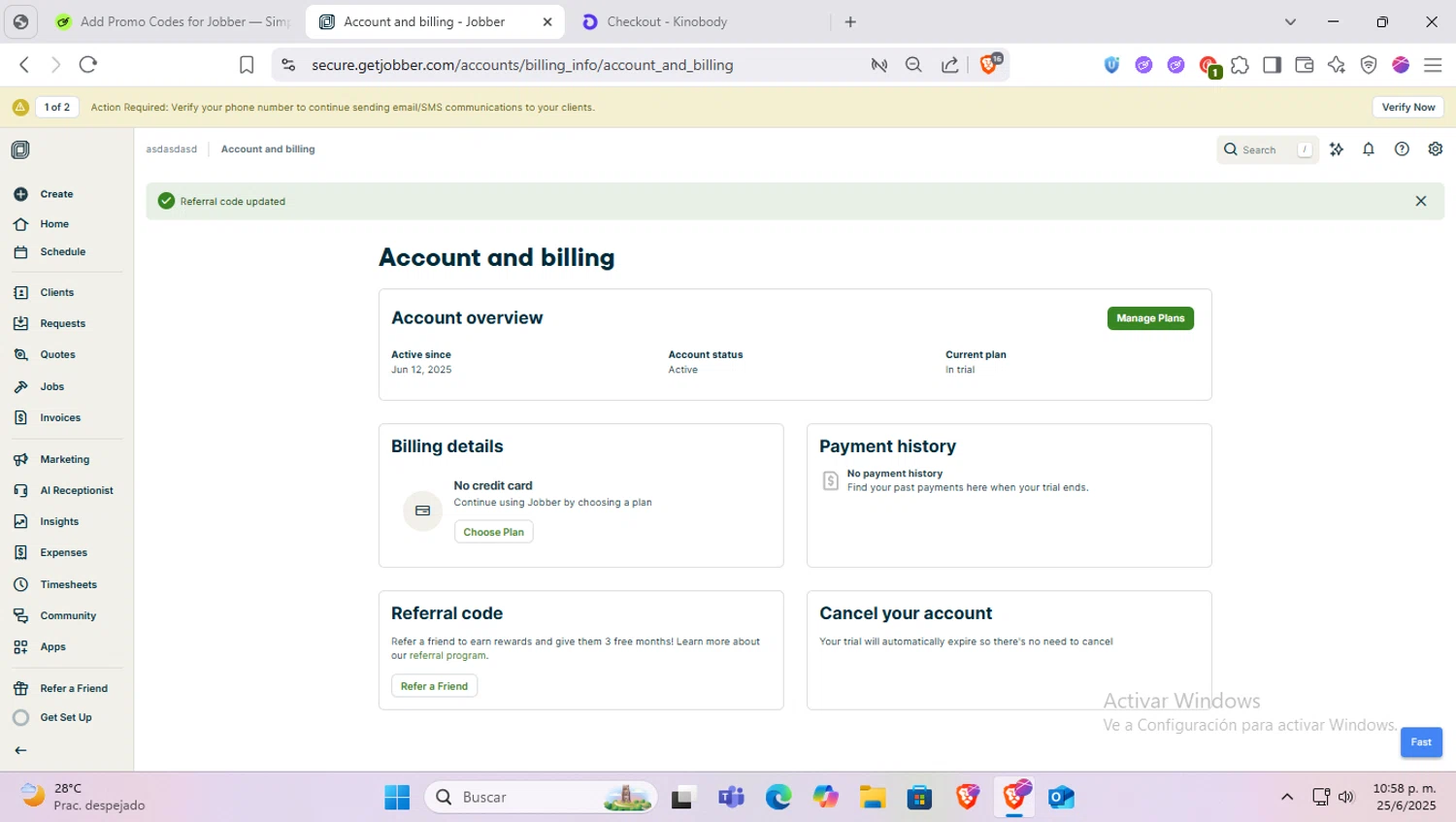 Jobber promo code screenshot showing code HELLO40GETMOOVD applied at Jobber checkout page. Uploaded by SimplyCodes community member SapeGato on Jun 26, 2025