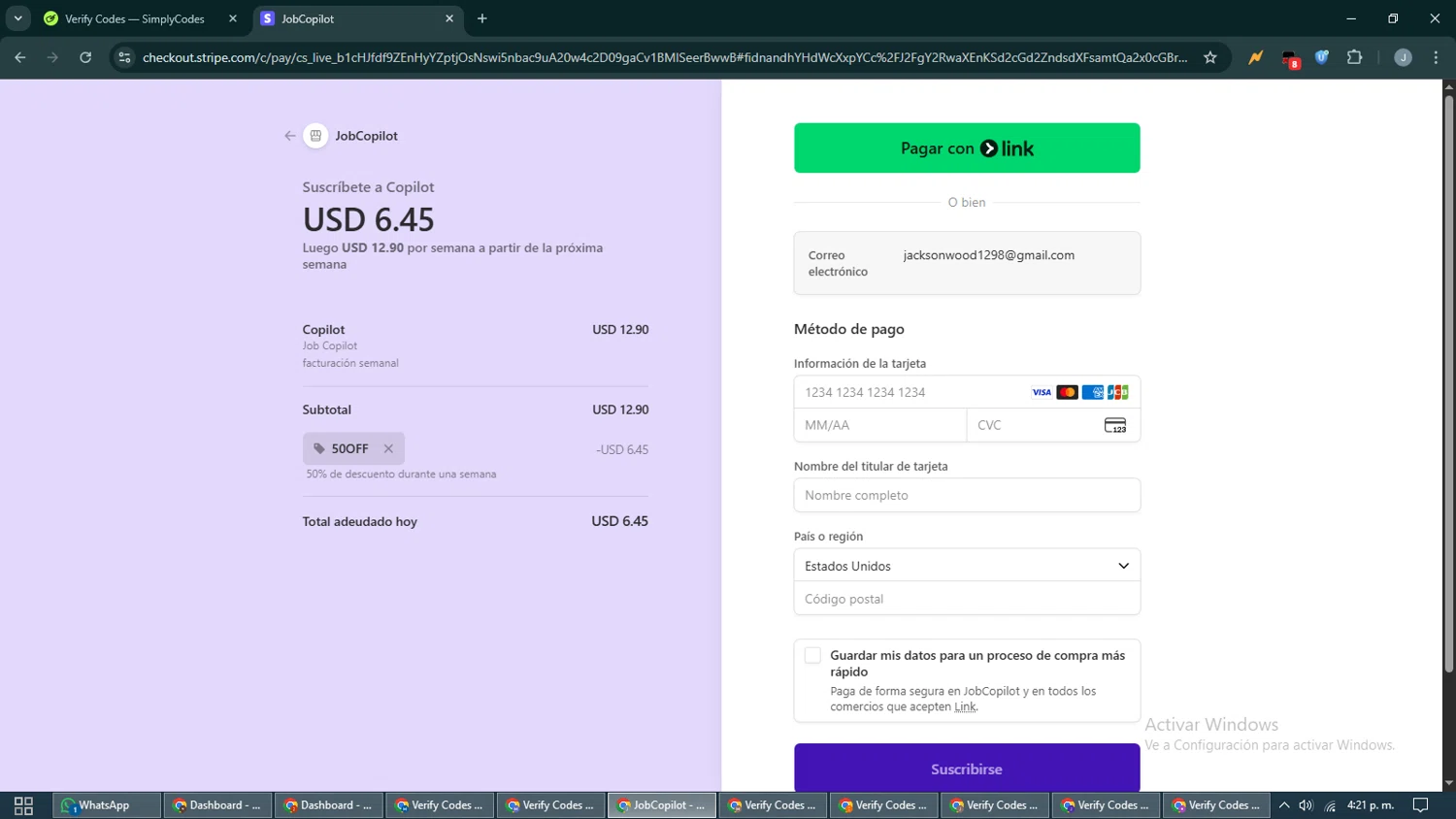 JobCopilot promo code screenshot showing code 50OFF applied at JobCopilot checkout page. Uploaded by SimplyCodes community member CashShopper1214 on Nov 3, 2025