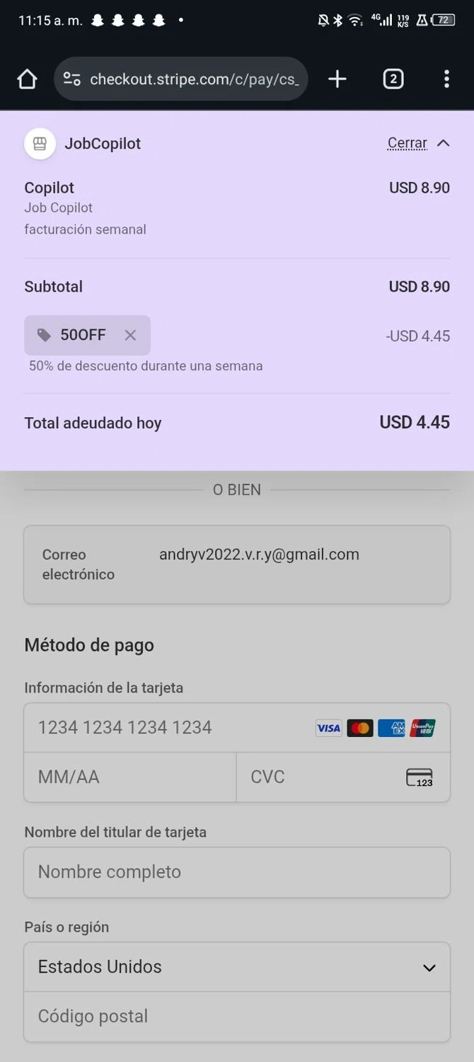 JobCopilot promo code screenshot showing code 50OFF applied at JobCopilot checkout page. Uploaded by SimplyCodes community member JandryV on Dec 27, 2025
