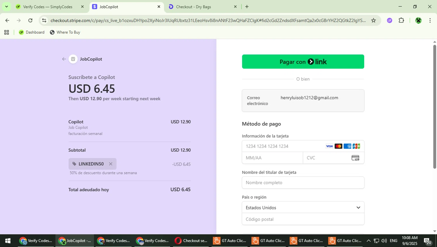 JobCopilot promo code screenshot showing code LINKEDIN50 applied at JobCopilot checkout page. Uploaded by SimplyCodes community member MaitoGai on Sep 6, 2025