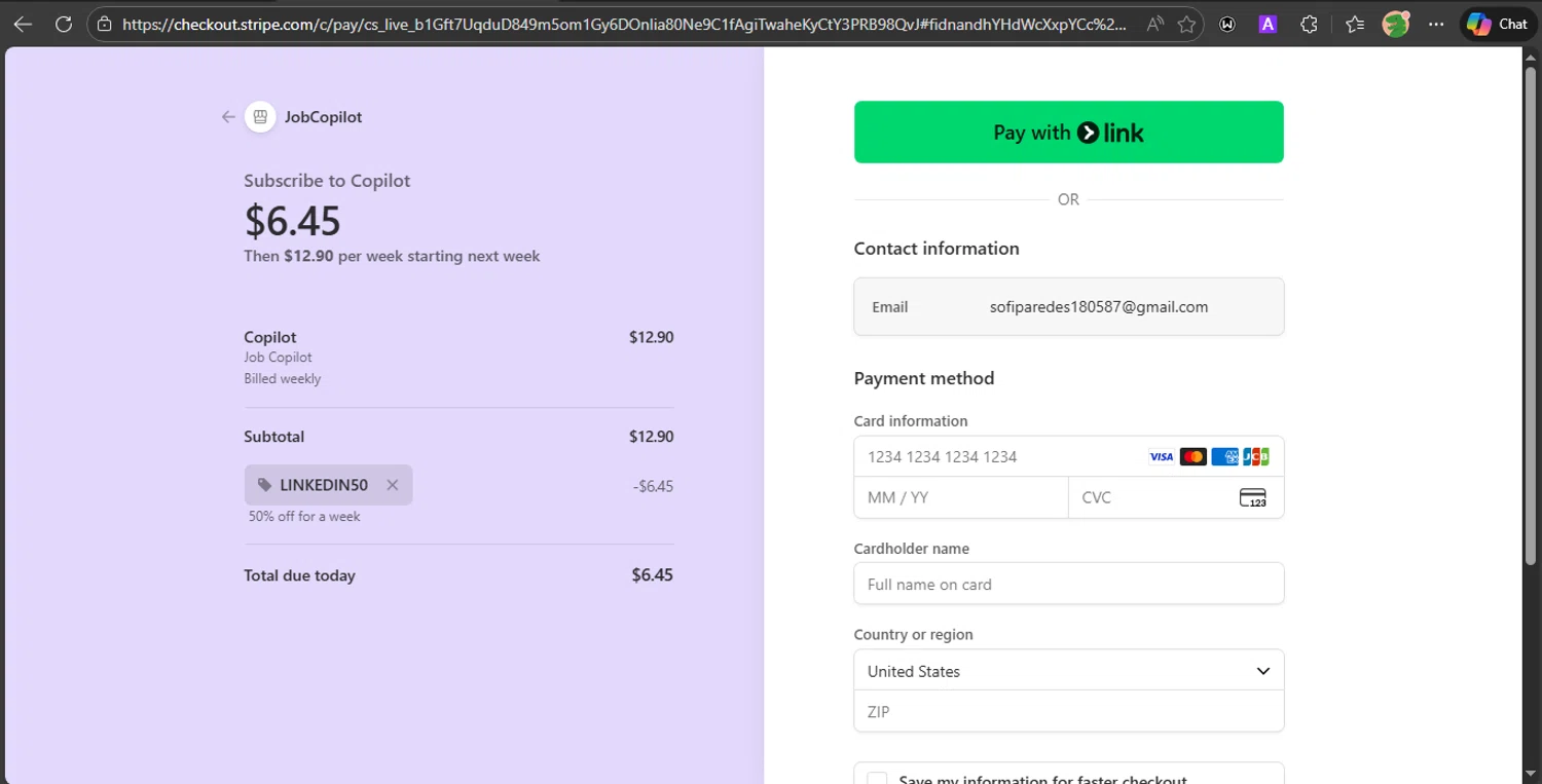 JobCopilot promo code screenshot showing code LINKEDIN50 applied at JobCopilot checkout page. Uploaded by SimplyCodes community member PrincessCoupon on Jan 15, 2026