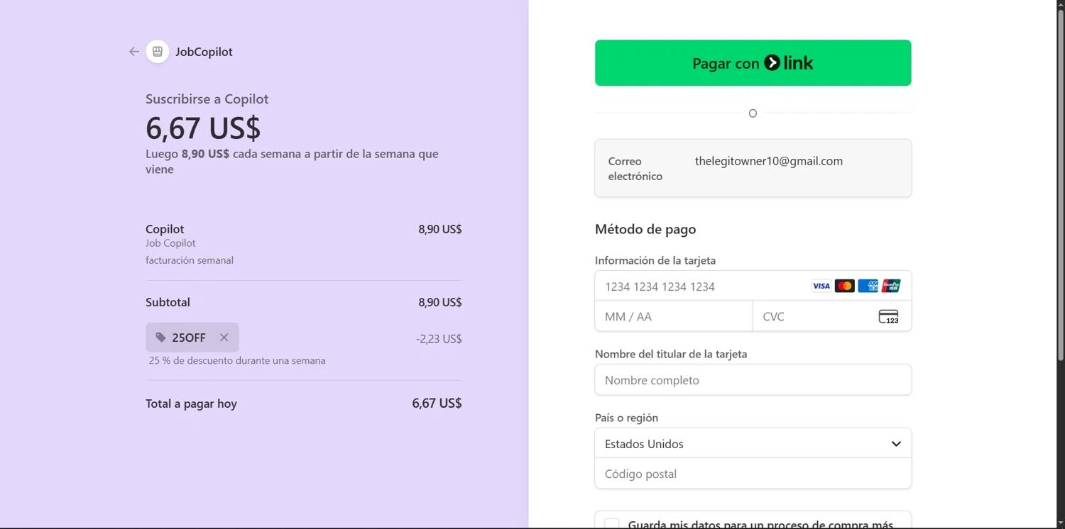JobCopilot promo code screenshot showing code 25OFF applied at JobCopilot checkout page. Uploaded by SimplyCodes community member Depressive on Dec 4, 2025