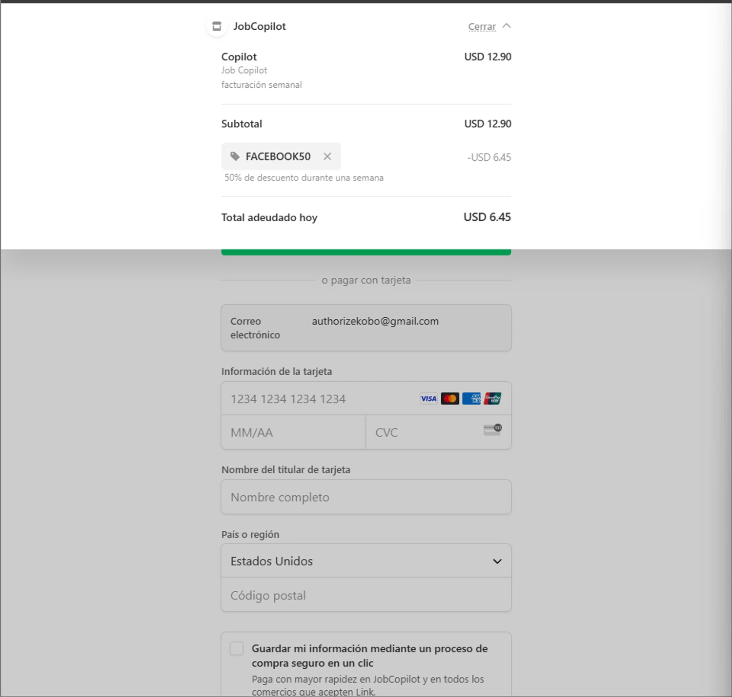 JobCopilot promo code screenshot showing code FACEBOOK50 applied at JobCopilot checkout page. Uploaded by SimplyCodes community member PillarsofCreation on Apr 16, 2025