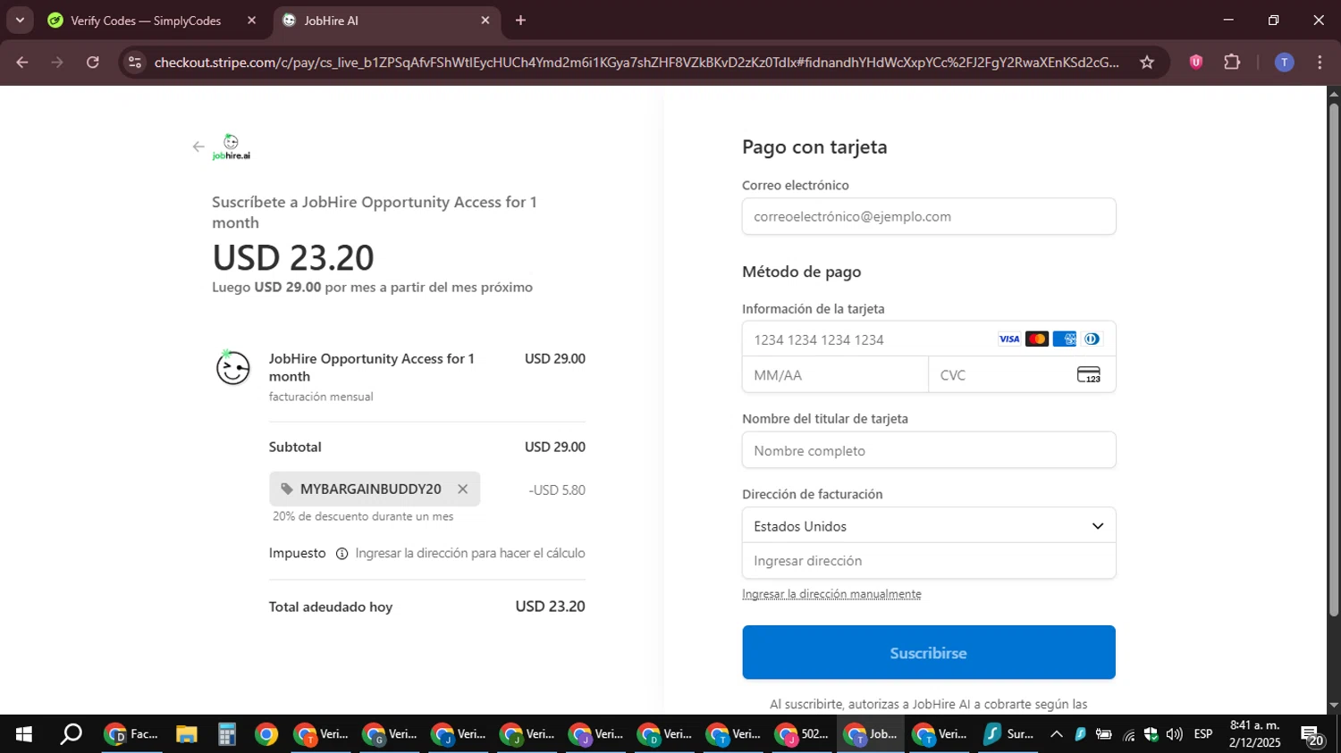 Jobhire checkout page showing Jobhire promo code box | Screenshot taken by SimplyCodes community member on Dec 2, 2025