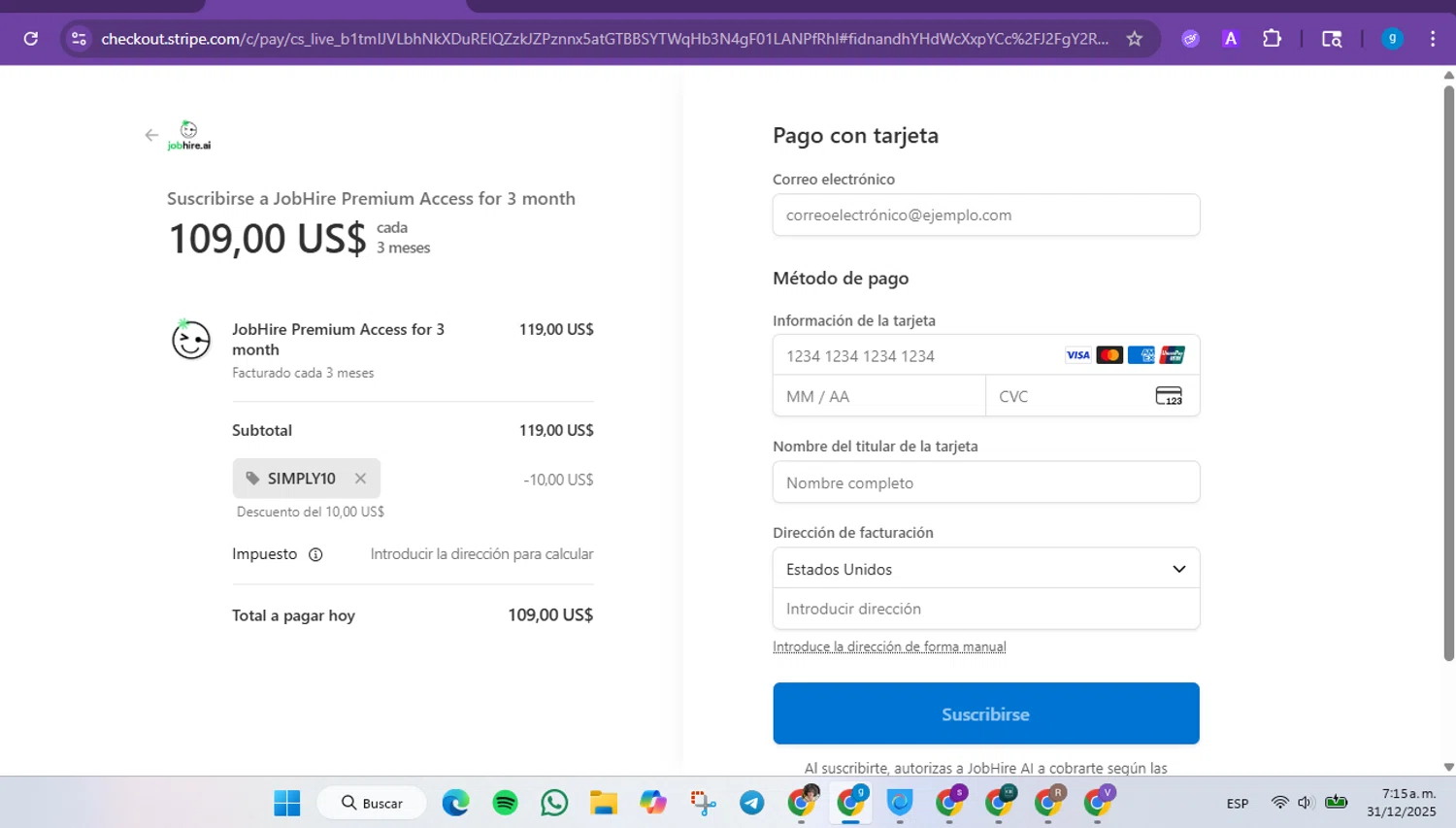 Jobhire promo code screenshot showing code SIMPLY10 applied at Jobhire checkout page. Uploaded by SimplyCodes community member FrugalVirtuoso6318 on Dec 31, 2025
