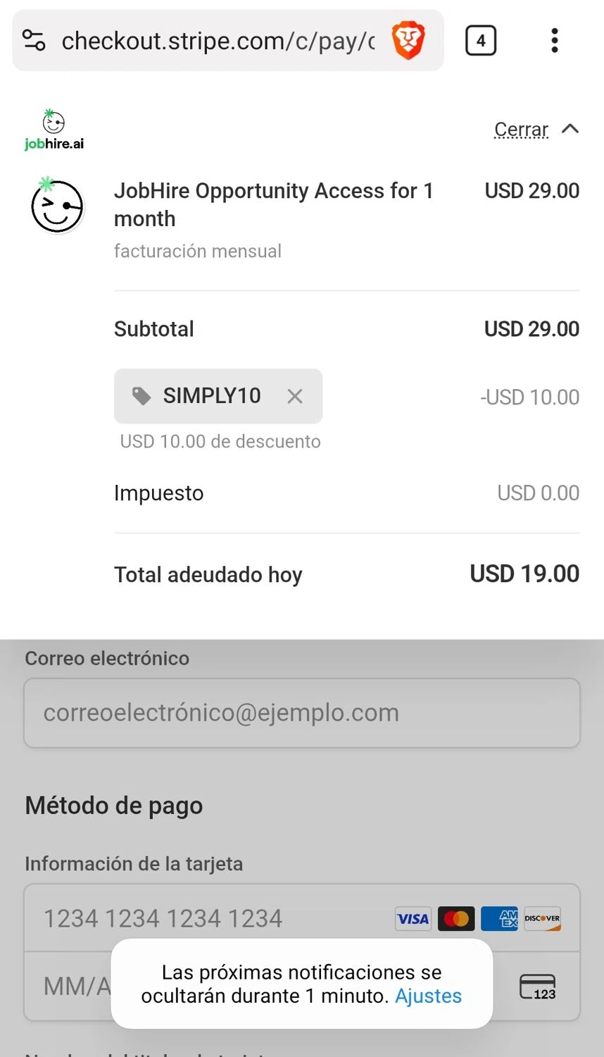 Jobhire promo code screenshot showing code SIMPLY10 applied at Jobhire checkout page. Uploaded by SimplyCodes community member JuanMonge on Oct 5, 2025