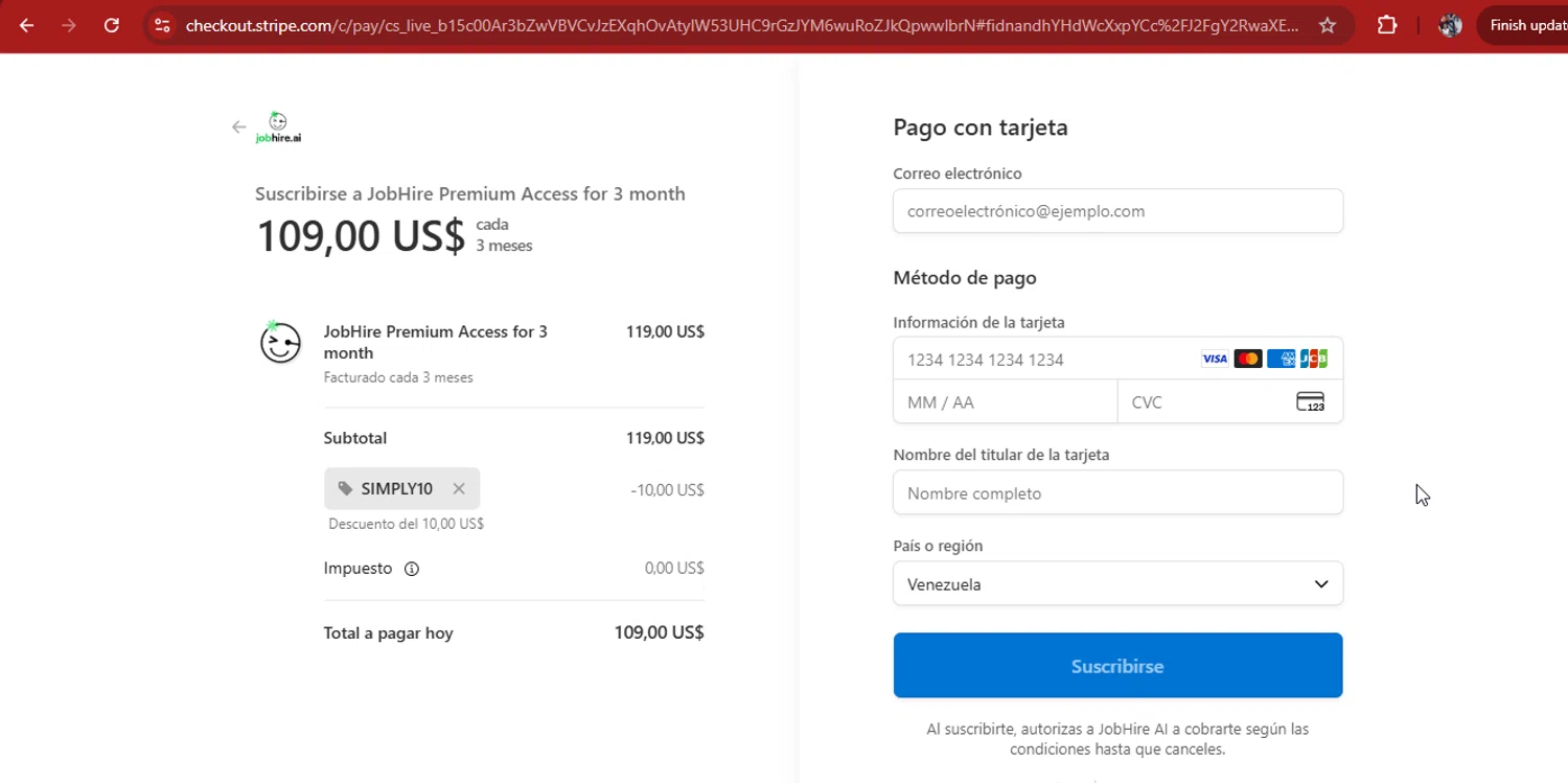Jobhire promo code screenshot showing code SIMPLY10 applied at Jobhire checkout page. Uploaded by SimplyCodes community member kimberlinmartinez on Dec 2, 2025