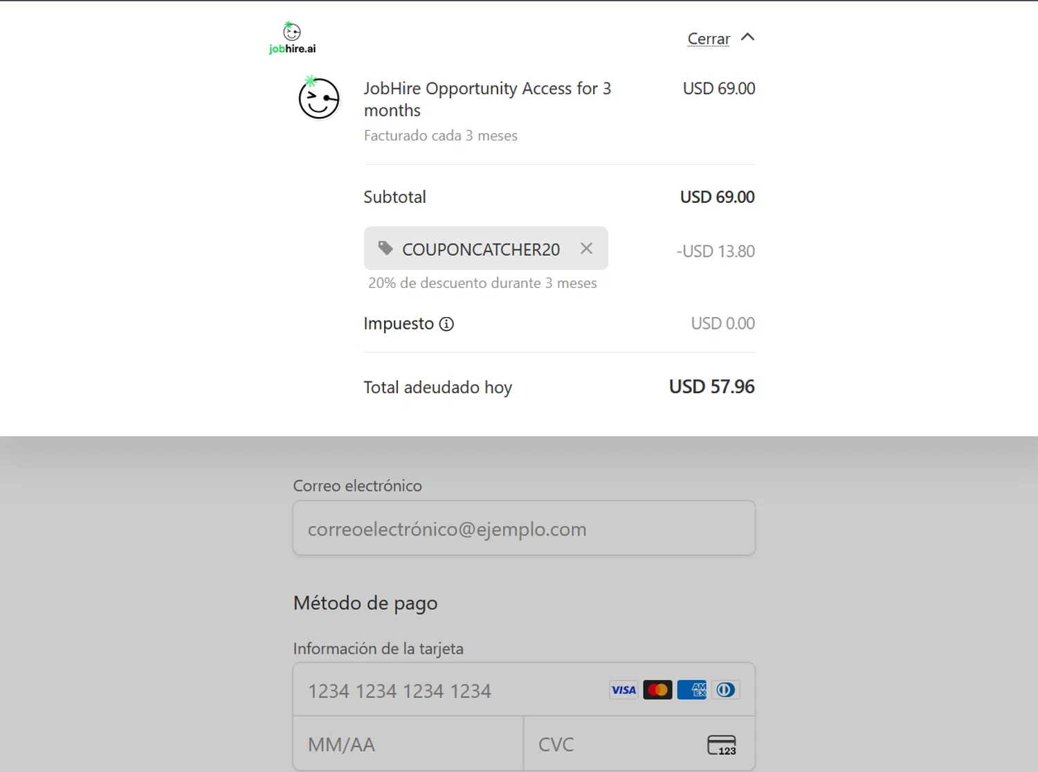 Jobhire promo code screenshot showing code COUPONCATCHER20 applied at Jobhire checkout page. Uploaded by SimplyCodes community member ValiantLion5897 on Sep 30, 2025