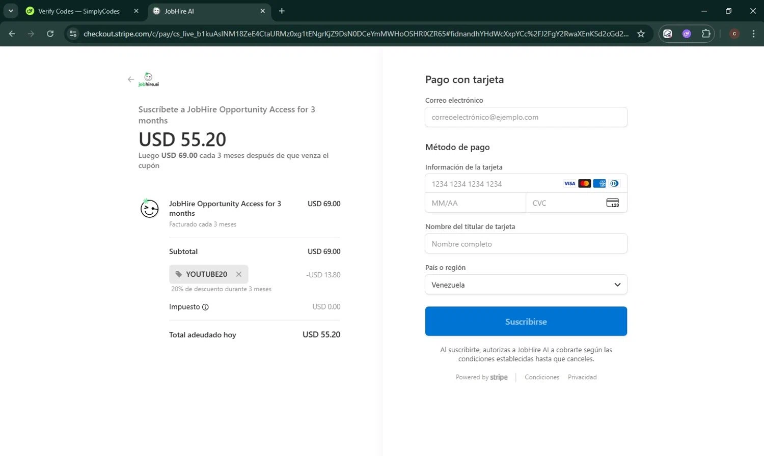 Jobhire promo code screenshot showing code YOUTUBE20 applied at Jobhire checkout page. Uploaded by SimplyCodes community member Simply22 on Oct 19, 2025